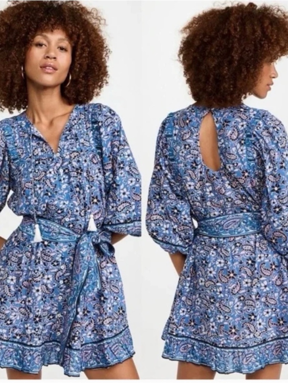 Cleobella Blue Paisley Tie-Waist Mini Dress